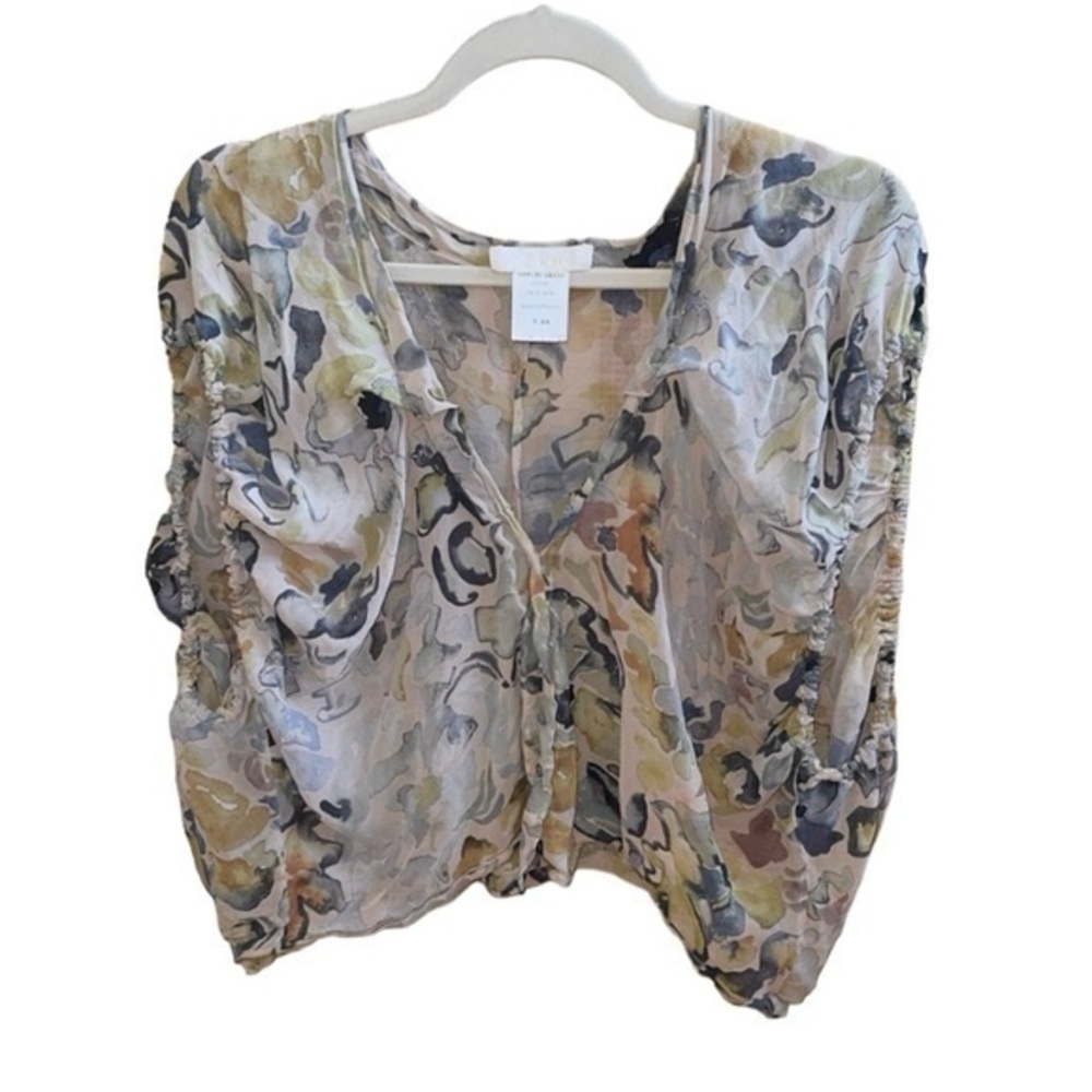 Chloe Pale Skin 100% Silk Watercolor Boxy Fit Floral‎ Print Button Blouse Top